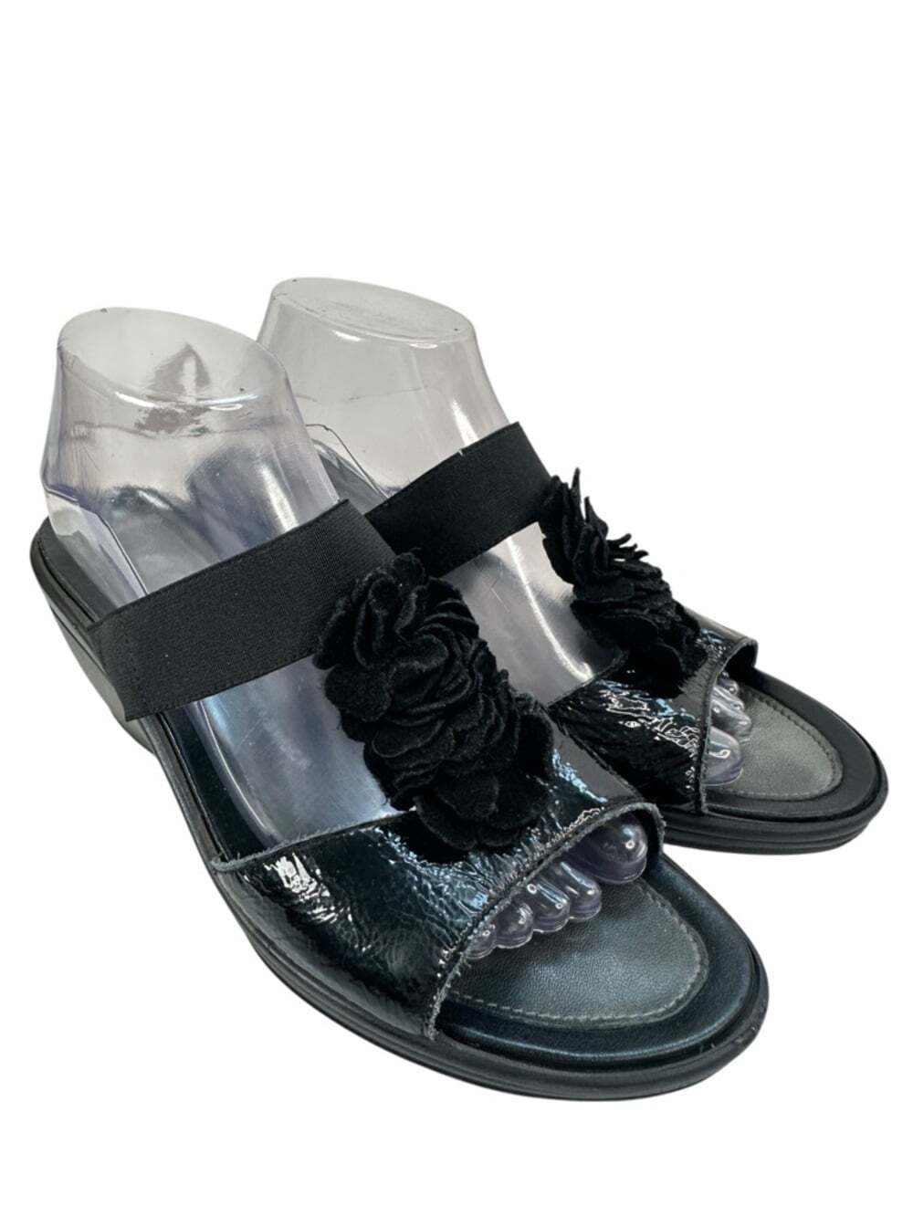 Flexus Black Floral Comfort Wedge Sandals Rosette Elastic Strap Womens 10 EU41